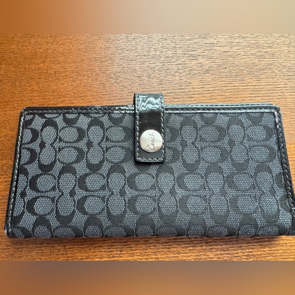 Coach Handbags - Coach Signature Black Canvas Slim Wallet W/ Patent Leather Trim